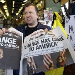 newspaper1 Newspaper vendor Chad Smith displays copies of the Seattle Post-Intelligencer, left, and The Seattle Times, featuring the election of Barack Obama as president, that he had set aside for himself before the editions sold out at the Read All About It newsstand in Seattle's Pike Place Market Wednesday. (Elaine Thompson / Associated Press )